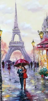 Couple under umbrella near Eiffel Tower at night in Paris street painting.