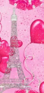 Pink Paris wallpaper with Eiffel Tower and heart balloons.