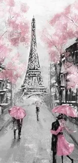 Romantic Paris street wallpaper with the Eiffel Tower and pink accents.