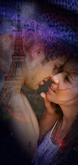 Romantic couple with Eiffel Tower and swirls on wallpaper.