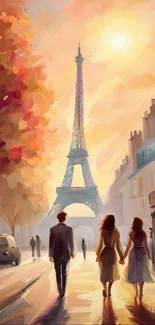 Romantic couple walking in Paris at sunset with Eiffel Tower in background.