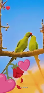 Romantic love birds wallpaper with heart decorations.