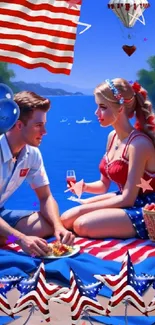 Romantic picnic by lake with American flag and vibrant colors.