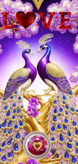 Romantic purple peacock love wallpaper with floral accents.