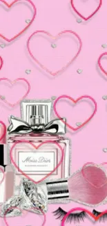 Pink wallpaper with perfume bottles and hearts for a romantic and elegant look.