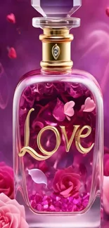 Perfume bottle with roses and 'Love' text on a pink background.