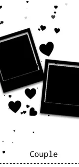 Couple-themed wallpaper with black photo frames and hearts.