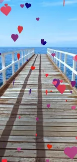 Serene pier over blue sea with heart decorations.