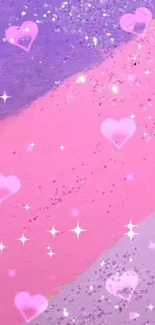 Mobile wallpaper with pink and purple glitter hearts.