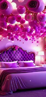 Romantic pink bedroom with floral ceiling decor and plush bedding