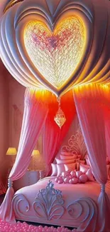 Romantic pink bedroom with heart-shaped canopy and soft lighting.