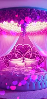 Romantic pink bedroom with a luxurious canopy bed and heart decorations.