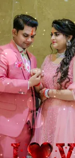 Romantic wallpaper of a couple in pink outfits with 'Love' text.