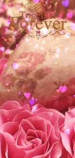 Romantic pink floral wallpaper with roses and vintage heart.