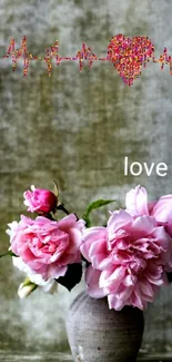 Pink peonies in a vase with a heart motif and 'love' text on mobile wallpaper.