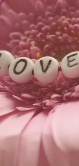 Close-up of love beads on a pink flower, creating a romantic mobile wallpaper.