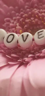 Closeup of a pink flower with 'LOVE' beads.