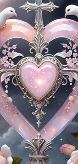 Romantic pink heart with doves and floral accents mobile wallpaper.