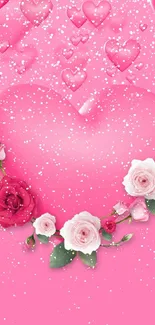 Pink heart wallpaper with roses and hearts design.