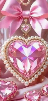 Romantic pink heart wallpaper with pearls and ribbon.