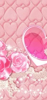 Romantic pink heart wallpaper with roses and lace details.