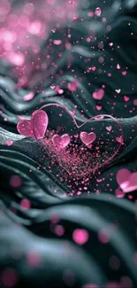 Romantic pink heart wallpaper with elegant design and dark background.