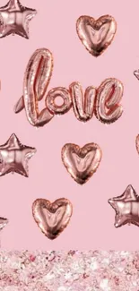 Pink wallpaper with love balloons and heart shapes.