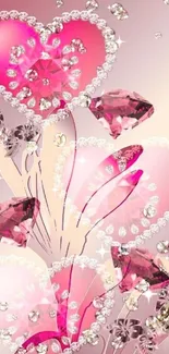 Romantic wallpaper with pink hearts and diamonds.