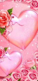 Romantic pink heart wallpaper with roses and floral accents.