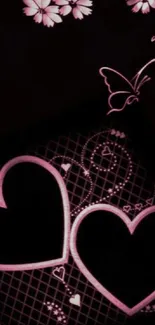 Romantic pink heart design with floral and butterfly accents on a dark background.