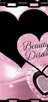 Pink and black heart wallpaper with sparkles.
