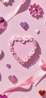 Aesthetic wallpaper with pink hearts and ribbons.