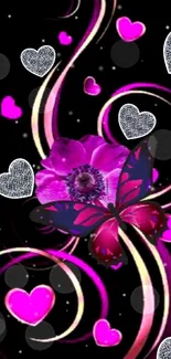 Romantic mobile wallpaper with pink hearts, flower, and dark background.