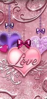 Romantic pink wallpaper with ornate hearts and bows