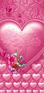 Romantic pink heart wallpaper with floral design and textured background.