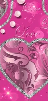 Romantic pink heart wallpaper with elegant patterns.