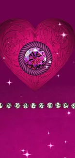 Pink heart with jewel and diamond accents on a magenta background.