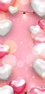 Pink heart wallpaper with lights and glowing effects.