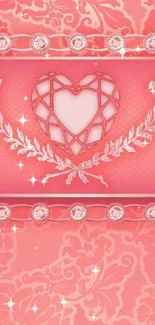 Pink wallpaper with a geometric heart design and floral patterns.