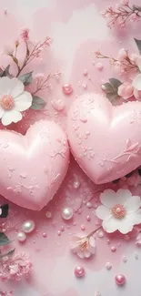 Romantic pink hearts and flowers wallpaper.