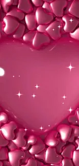 Glossy pink heart with smaller hearts background.