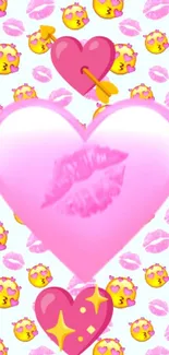 Pink heart wallpaper with emojis and lip prints, perfect for a romantic vibe.