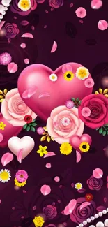 Romantic pink hearts and roses wallpaper.