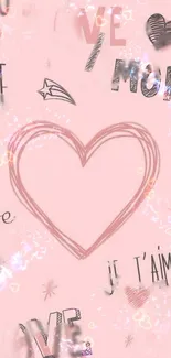 Romantic pink heart wallpaper with love-themed design.