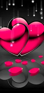 Pink hearts on a dark background with reflective petals.