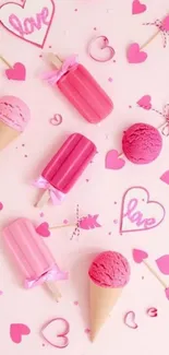 Pink ice cream and hearts on a romantic wallpaper.