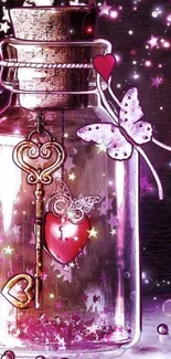 Romantic pink jar with heart key and butterflies on wallpaper.