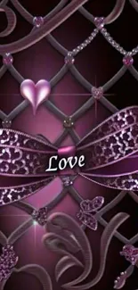 Romantic phone wallpaper with pink lace, hearts, and a bow.