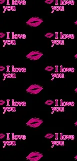 Mobile wallpaper with pink lips and 'I love you' text on black background.