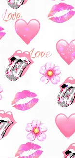 Romantic pink wallpaper with hearts, lips, and flowers.